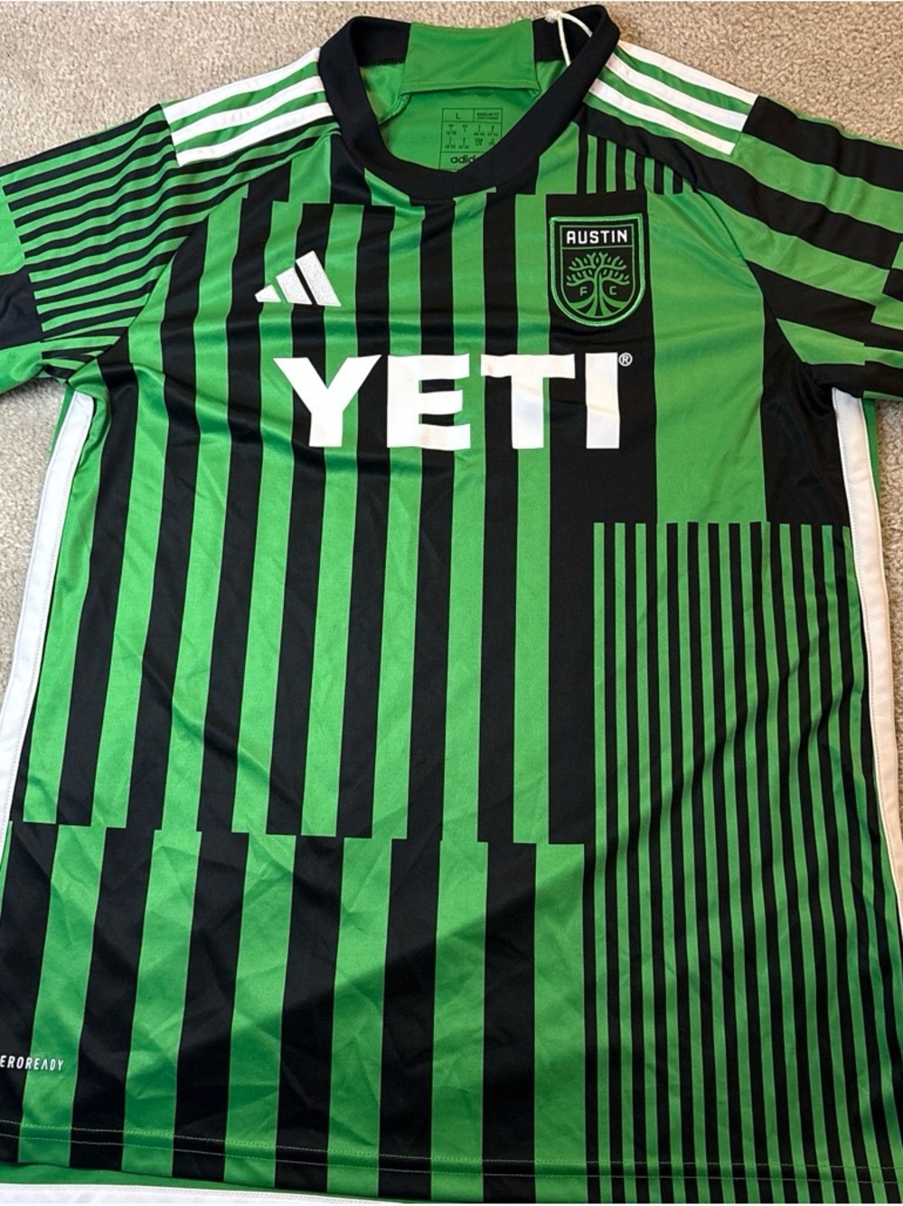 adidas Austin FC Green and Black Striped Soccer Jersey with YETI Logo